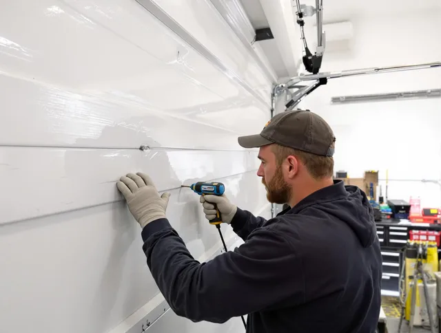 Westport Garage Door Repair technician demonstrating precision dent removal techniques on a Westport garage door